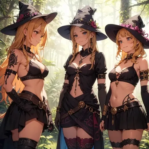 a group of beautiful witch girls in the middle of a forest in the night, tribal tattoo ,multiple girls,exposed belly, five girls, red and blonde hair , standing girl young girl, gloves, elbow pads, boots, smiles, small breasts, long black dress, necklaces,...