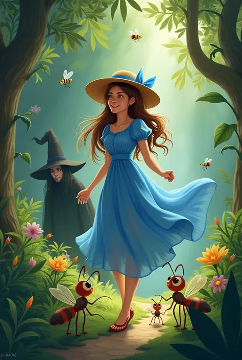 the  in the blue long dress, with long brown hair, round hat with the blue ribbon is walking happily at the jungle with the ant, bee and firefly. There is also a witch is lying because no energy.  