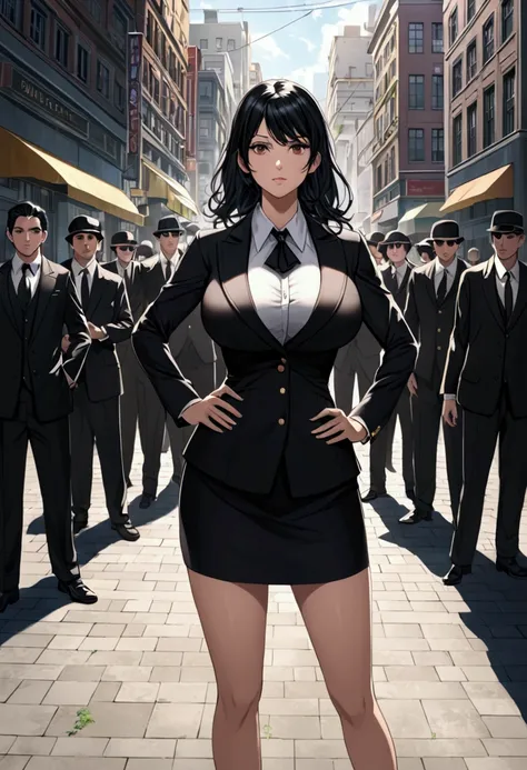 A busty black haired girl being a mob leader standing in the middle of the city 