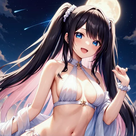 ((Highest quality))、(masterpiece)、NSFW、(20 year old beauty))Subjective、moon、Starry Sky、firework、Ocean、Sandy Beach、(Realistic Shadows)straight-on、breast focus、Twin tails、White scrunchie、Long Hair、(colored inner hair　black hair + pink inner hair)、Blue eyes、、...