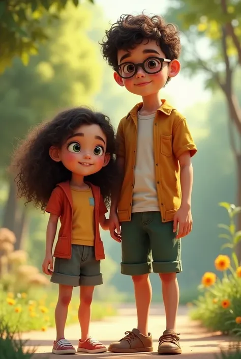 A short girl with dark brown curly hair and brown eyes, skinny, next to a tall boy with dark brown curly hair and green eyes with glasses