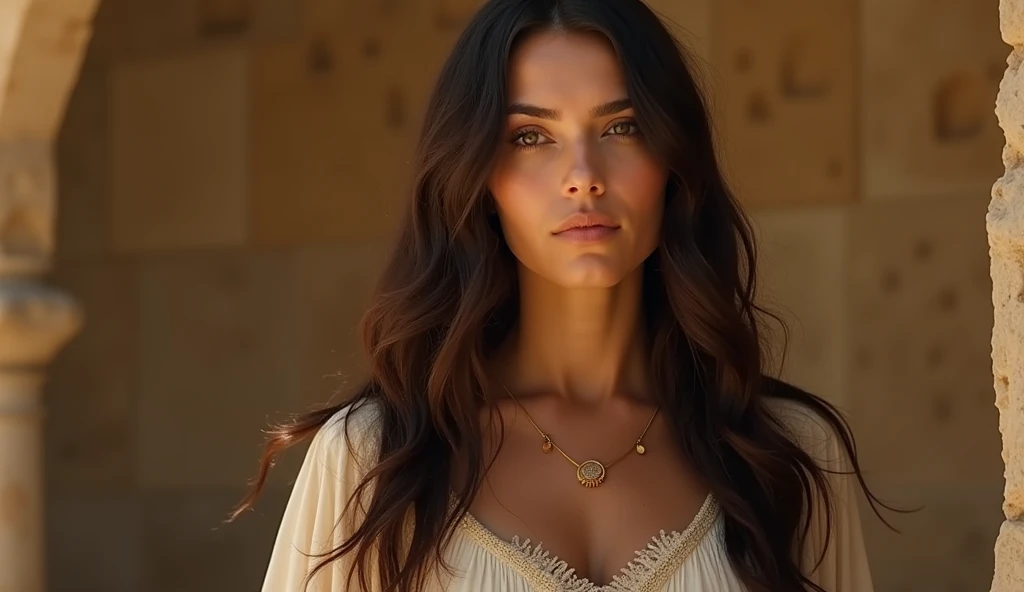 a beautiful woman from biblical times, the subject of a biblical film, has a humble appearance according to her clothes, full body cinematic image, long and loose hair, wears clothes from biblical times of Israel,