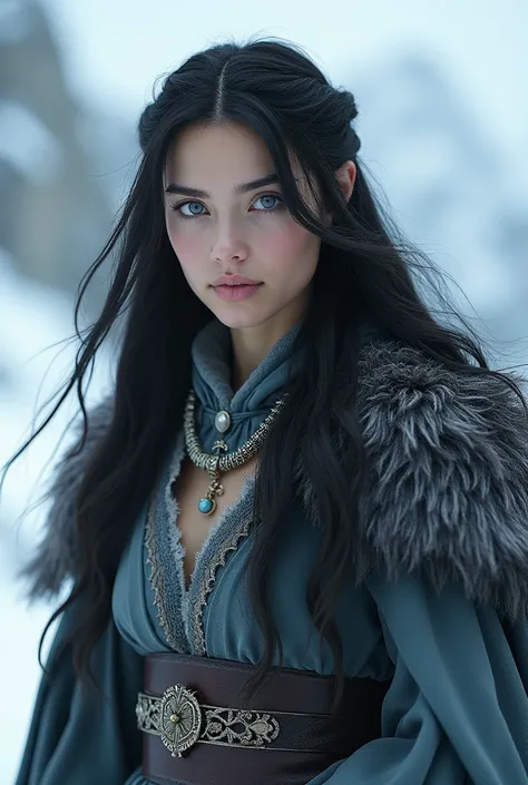 Young woman with black hair and ice blue eyes wearing medieval cold weather dresses