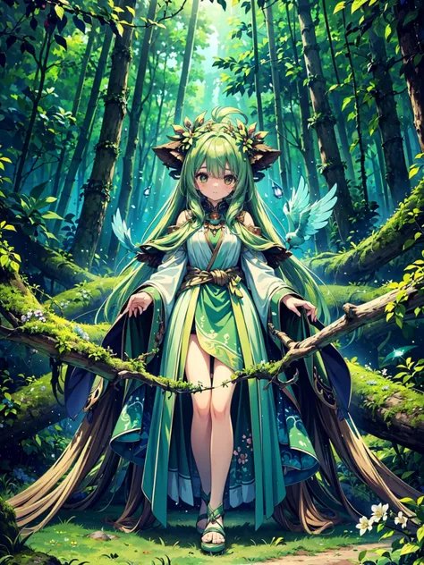 (((masterpiece, best quality, high detailed, 16k))) (1girl) A mystical forest guardian with flowing green hair and deep brown eyes that reflect the ancient wisdom of the woods. She is adorned in earthy tones of brown and green, with vines and leaves woven ...