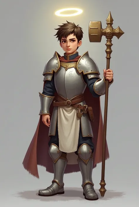 Young RPG cleric with light armor , a small hammer, a staff with halos and a gray background 