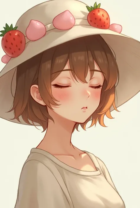 Female character with short hair with bangs, light brown hair color, closed eyes and a hat with pastel pink strawberry decorations and yellowish skin