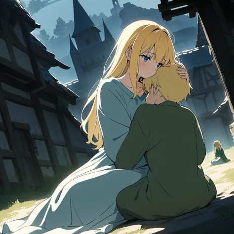 {{cowgirl shot, dutch angle, female focus}} {{Artist: Sincos}} Two figures, a girl and a boy, with their backs turned, facing a fantasy medieval village with blue concrete buildings, surrounded by dense mist. The girl, Lyra, has long blonde hair, green eye...