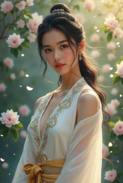 In the wind of the evening stars, of the evening stars, blowing small white flower petals, full-body picture of a beautiful, sweet young woman, 25 years old, wearing a Thai Dusit dress, white with a blue-gold sparkle, wearing a gold sarong, a white silk sh...