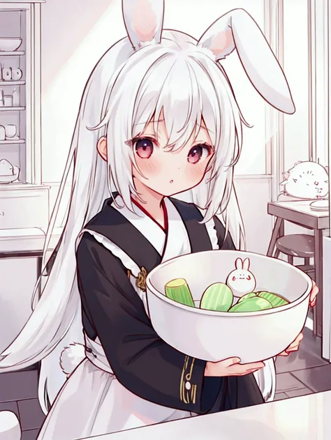 1 girl, kemono, rabbit ears, white hair, innocent appearance, feminine charm, domestic environment