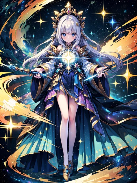 (((masterpiece, best quality, high detailed, 16k))) (1girl) A dazzling celestial priestess with flowing white hair that shimmers like stardust, and eyes that glow with the light of distant galaxies. She wears robes of deep purple and gold, decorated with s...