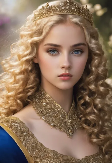 Curly blond hair, golden eyes, princess