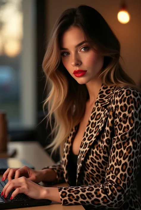 a brunette woman with highlighted hair, dressed in leopard print blazer, red lipgloss stick, high heels and using a computer