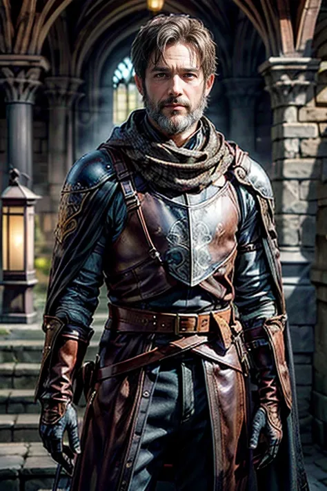 (Very detailed:1.3), (masterpiece:1.3), figure, Exquisite lighting, Fine shadows,  Sharp focus, ((Highest quality)), (1 person, middle aged, Welsh men:1.2), wise,  Purple eyes, Brown hair with some gray, Short beard,Veteran Mercenary、alone,  Detailed face,...