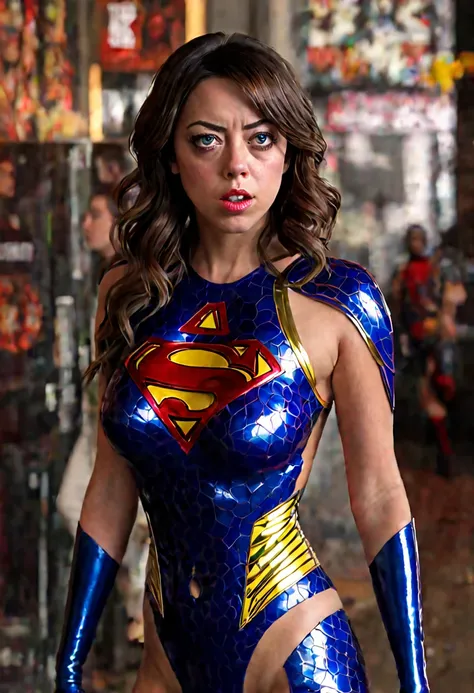 a superwoman portrait of aubrey plaza, 1girl, beautiful detailed eyes, beautiful detailed lips, extremely detailed face, long ey...