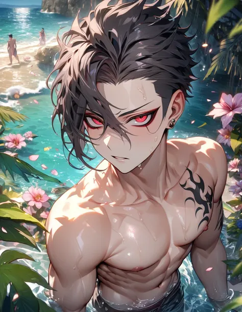 Ultra detailed, HDR, Highres, absurdres, master piece, Tanaka Gundham, black hair, expressive red eyes, without shirt, bare chest, toned chest, Danganropa, sexy man, handsome, flowers, petals, fantasy, magical, green leaves, handsome, best quality, glitter...