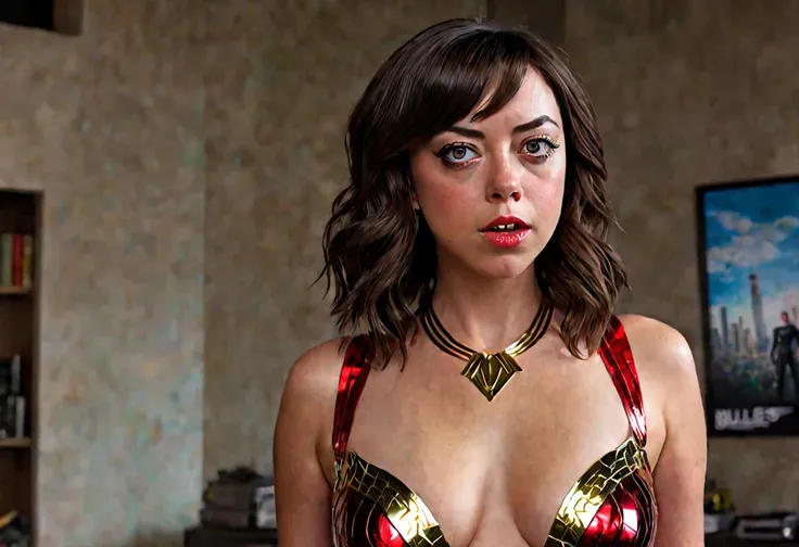 a superwoman portrait of aubrey plaza, 1girl, beautiful detailed eyes, beautiful detailed lips, extremely detailed face, long eyelashes, superhero costume, stopping bank robbery, annoyed expression, bored expression, bullets bouncing off her, cinematic lig...