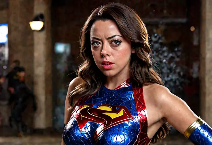 a superwoman portrait of aubrey plaza, 1girl, beautiful detailed eyes, beautiful detailed lips, extremely detailed face, long eyelashes, superhero costume, stopping bank robbery, annoyed expression, bored expression, bullets bouncing off her, cinematic lig...