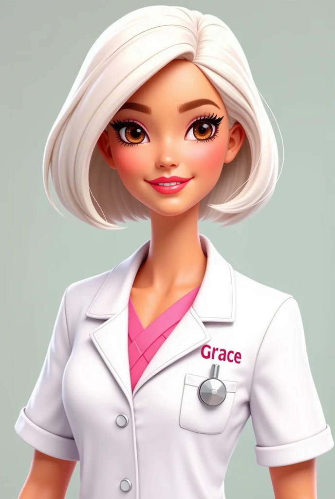 Barbie cartoon brown eyes ,female doctor with short white hair to shoulders ,with the name of GRACE  ,embroidered on his robe on one side 