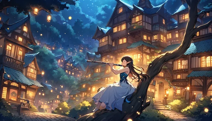 Anime Elf girl playing a flute, From diagonally profile, solo, magical atmosphere, panoramic fantasy night landscape, winding streets illuminated by moonlight, she wear long outfit ,Her eyes closed, (((From diagonally left behind))), solo, Elf girl playing...