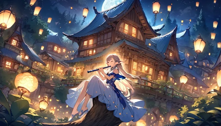 Anime Elf girl playing a flute, From diagonally profile, solo, magical atmosphere, panoramic fantasy night landscape, winding streets illuminated by moonlight, she wear long outfit ,Her eyes closed, (((From diagonally left behind))), solo, Elf girl playing...