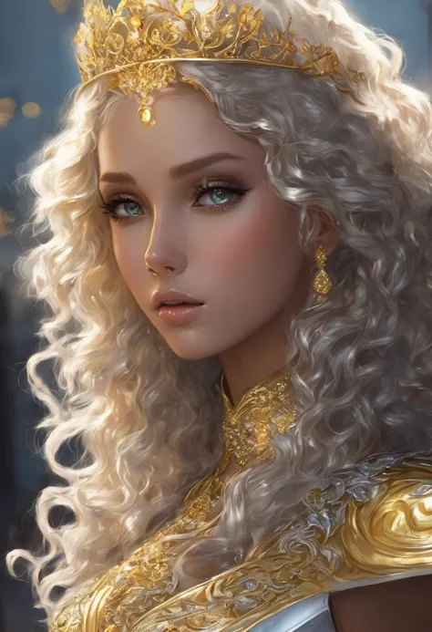 Curly blond hair, gold eyes, silver princess