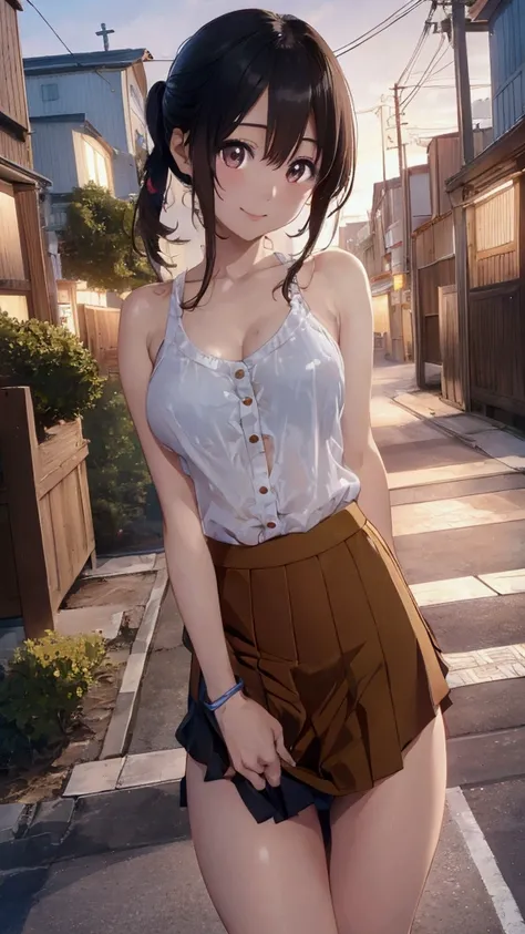 8k, Highest quality, masterpiece, Realistic, Very detailed, photo Realistic, Improvement of quality, Hmph:1.2,City park in the evening、on the asphalt、32K、Best image quality、Ochre sleeveless knit dress、Cheap feeling、Very good、panties、Bodyline:1.3 is clear、、...