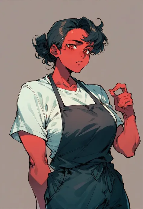 mature woman,red skin, black hair, red eyes,black apron, black t-shirt, black pants,neckline, 90s anime style