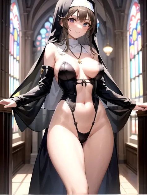 1girl, solo, asuna, large breasts, smiling, ((nun super micro small outfit), nun veil, necklace), church background, beautiful face, perfect detailed lines, (masterpiece), no blur, 8k image. Super tight, translucent micro clothes, small mini lace lingerie,...