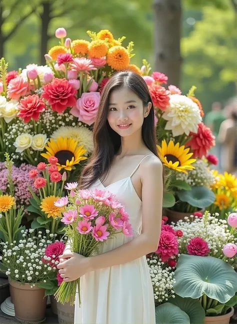 A beautiful young Asian woman standing in front of a colorful flower market stall. She wears a white sundress and holds a bouquet of pink lotus flowers. Her long black hair falls softly around her shoulders, and she has a gentle smile. Behind her is an exp...