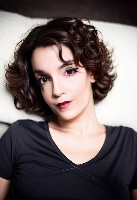 solo focus, a woman lying on her back, loose band V-neck t-shirt, perfect cute face, dark hazel eyes, wavy dark french bob hair, looking at viewer, seductive, sexy pose, dramatic lighting, desaturated background, bokeh, dark theme, soothing tones, depth of...