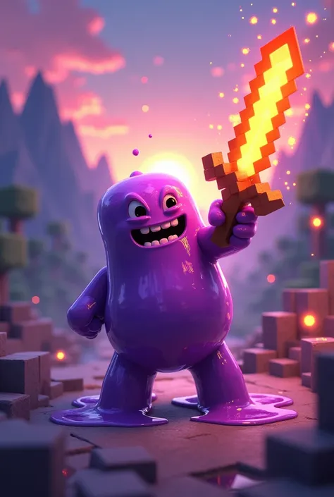 Purple Minecraft Slime Holding a Flaming Sword