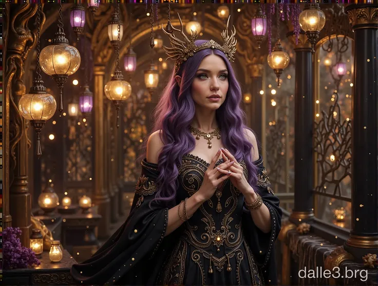 A powerful elven sorceress stands by a calm lake at dusk, holding a lantern that emits a soft golden light. She has long orange and violet hair, bright green eyes, and wears a red leather corset with a loose black cape. Her ears are pointed, and she has an...