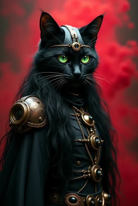 Chat noir à poils longs steampunk sur fond rouge et noir gothique avec effet de fumée 