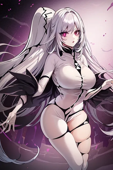 Fantasmatica waifu, big bust, white dress with semi transparent lines, purple eyes, long white hair, black lipstick, black stockings, big thighs, crossed legs (Eachtrix)