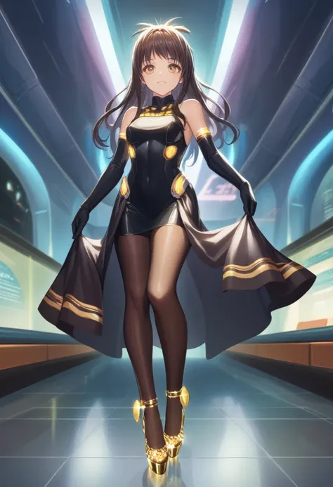 yuuki_mikan:1.1, young woman,  female, classy, curvilinear, refined behavior, dark brown hair, golden eyes, intimate date outfit, futuristic garments, interstellar dark restaurant background, highly advanced technological clothing, sci-fi, science fiction,...