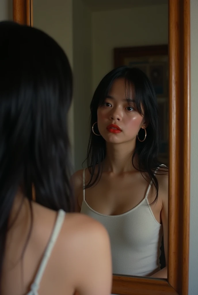 Mathilda from the movie The Professional staring in the mirror with a sad expression in a dirty apartment. 12 years old. Dressed in a white tank top. Red lipstick.  Straight black wet hair