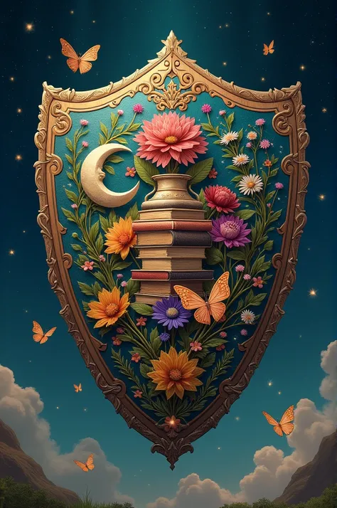 Shield with many flowers, books, music, butterflies, stars and moon 