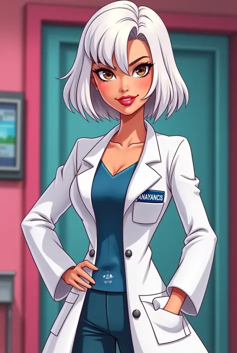 Barbie cartoon style, intimidating look, brown eyes ,female doctor with short white hair to shoulders ,with the name of ANAYANCIS  ,embroidered on his robe on one side 