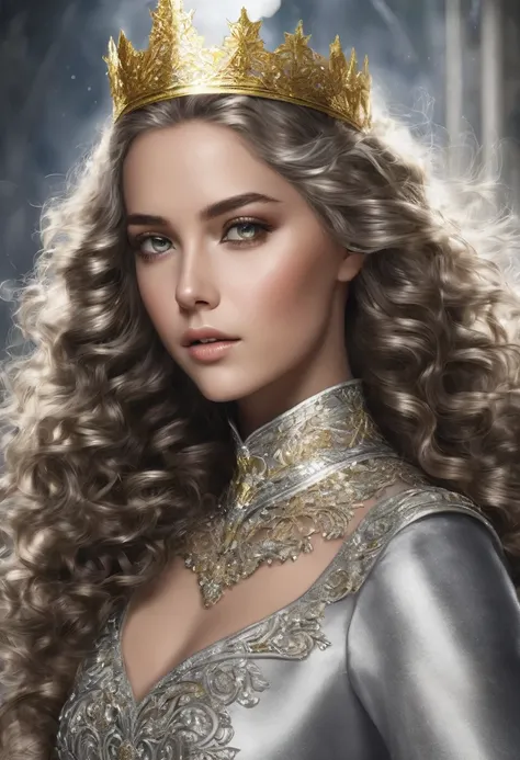 Curly dark blond hair, gold eyes, silver princess with a silver dress and silver crown