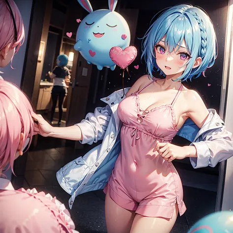 (Sky blue hair),(Braided short hair), (Pink Eyes),Fair skin) ,(whole body),(One Girl),(Lots of chocolate in the background),(Embarrassed),(Handing over a heart-shaped chocolate),(valentine&#39;s day),(masterpiece, Highest quality, Very detailed, Best Shado...