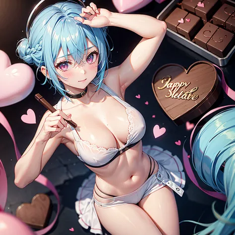 (Sky blue hair),(Braided short hair), (Pink Eyes),Fair skin) ,(whole body),(One Girl),(Lots of chocolate in the background),(Embarrassed),(Handing over a heart-shaped chocolate),(valentine&#39;s day),(masterpiece, Highest quality, Very detailed, Best Shado...