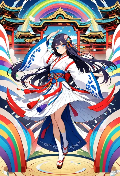 Shrine maiden、Half blue long hair、Full body portrait、beautiful girl、Long-hemmed outfit、Rainbow Eyes、Powerful eyes、Shrine maiden鈴を持つ、Dancing Kagura Dance、Sacred