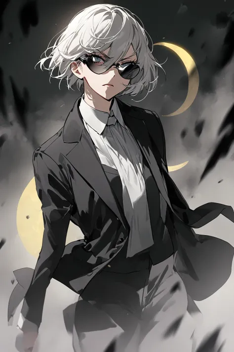 women, 26 years, tomboy, short hair hasta los hombros de color castaño claro con un flequillo mucho más largo que cubre el lado derecho de su rostro y ojos vacíos de color amarillo. He wears an elegant black male suit, half moon glasses, Shows an intimidat...