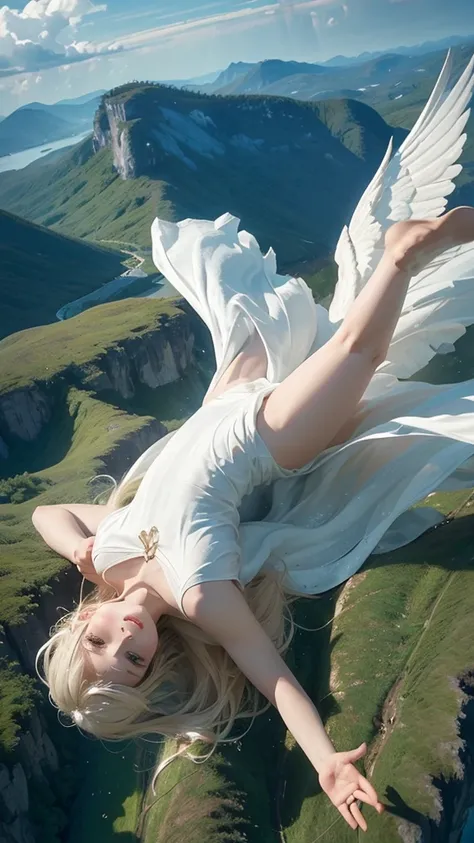 ((A serene summer scene with an ultra-high-definition, realistic angel flying gracefully in the sky)), The angel is facing towards the camera with lifelike facial features and detailed textures, The angel has intricately detailed white wings, fully extende...