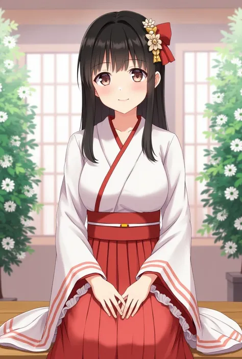 masterpiece, Highest quality, High resolution, One girl, Honoka, Shrine maiden, Hakama skirt, Sitting, shrine, smile 