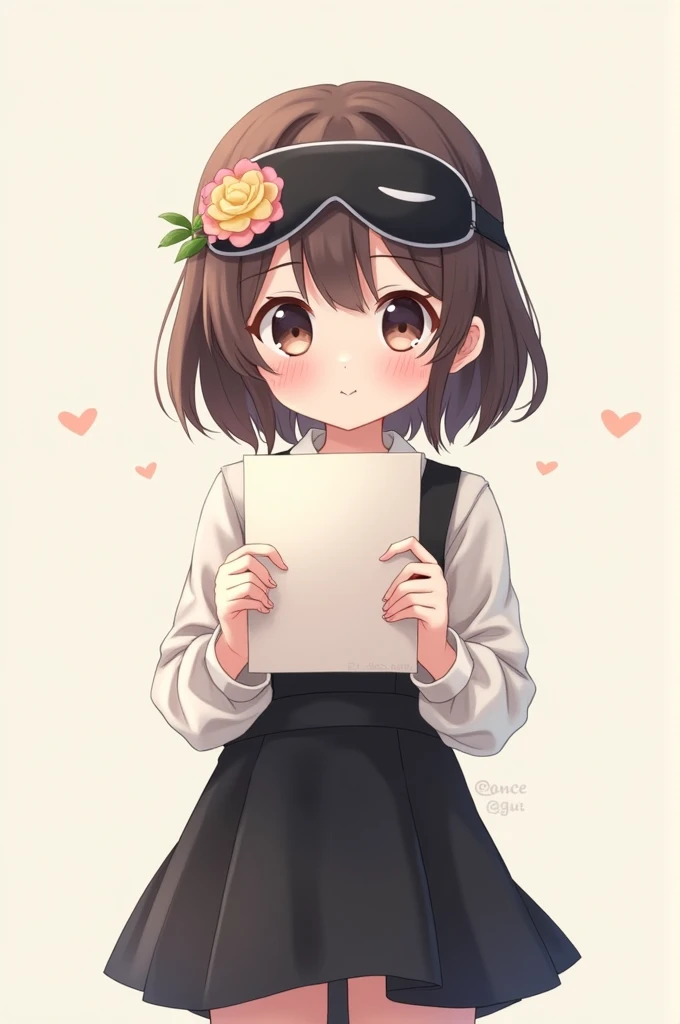 1y old anime girl wearing an eye mask and a black skirt and blouse holding a love letter in her hands 