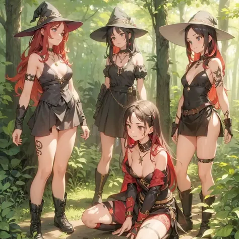 a group of beautiful witch girls in the middle of a forest in the night, tribal tattoo ,multiple girls, military , five girls, black  red  hair , standing girl young girl, gloves, elbow pads, boots, smiles, small breasts, long black dress, necklaces, jewel...