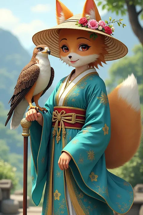 Detailed scene of a humanoid character with fox features, dressed in traditional Japanese clothing inspired by a kimono. The character wears a straw hat decorated with flowers and other elegant ornaments.. He is holding a cane or weapon, and at his side th...