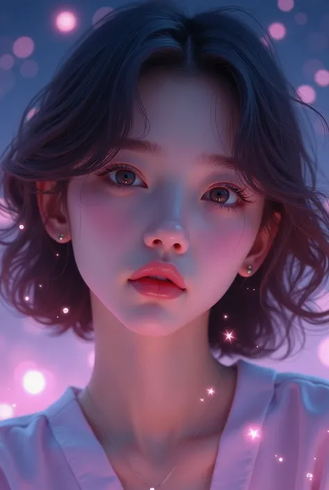 A portrait shot of A realistic young woman with korean features. with short, wavy hair colored light brown. Energetic expression. The background is pastel purple/ dark blue with stars