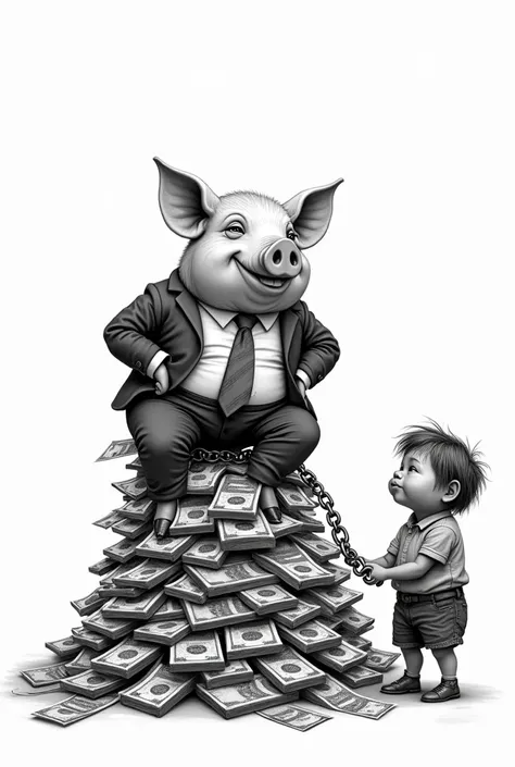 (black and white drawing): pig in a businessmans suit, sitting on a pile of money, bottomless, superior pose, chained to a poor, worn-looking human looking for money.